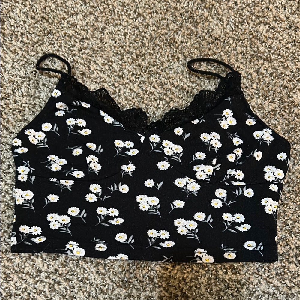 Floral Black Lace Trim Cami Top